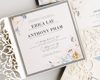 Floral Wedding Invitation, Summer Wedding Invitation, Dusty Blue Wedding Invitations, Laser Cut Wedding Invitation {Toulouse design sample}