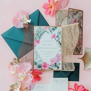 Destination wedding invitation tropical laser cut gate and vibrant design, tropical wedding invitation set {Tampa design sample pack}