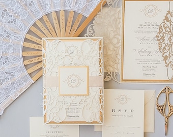 Laser Cut Wedding Invitation, Elegant Wedding Invitation, Unique Wedding Invitation, Wedding Invitation Set Gold {Alhambra design sample}