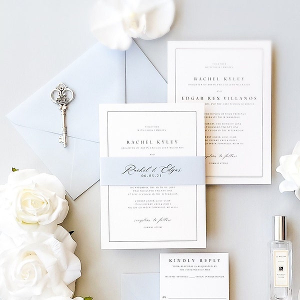 Simple wedding invitation suite, minimalist invitation light blue, invitation suite with band {Aspen design sample pack}