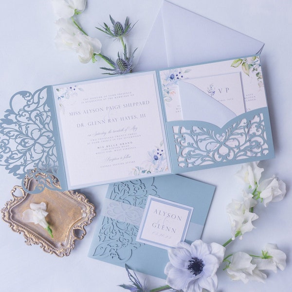 Romantic Wedding Invitation laser cut pocket, Blue invitation with floral laser cut pocket folder {Eloise design sample pack}