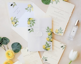 Vellum wedding invitations with lemons, Destination wedding italy invitations, Sicilian inspired wedding invites {Amalfi design sample pack}