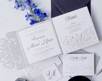 Wedding Invitation suite laser cut pocket, White Silver laser cut pocket fold invitation {Fargo design sample pack}
