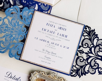 Retro Blue Laser Cut Wedding Invitation, Elegant and Modern Wedding Invitations - Broadway Design
