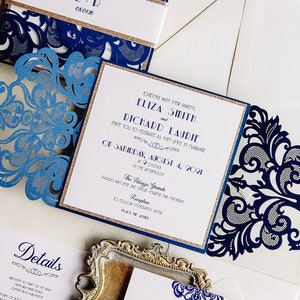 Retro Wedding Invitation, Blue Wedding Invitation, Elegant Wedding Invitation, Modern Wedding Invitations, Laser Cut {Broadway design}