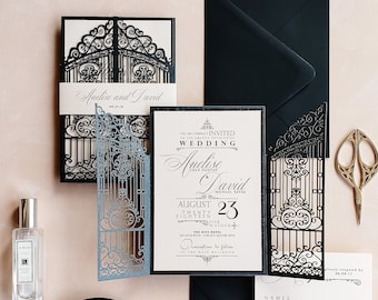 Laser Cut Wedding Invitation, Black Wedding Invitations, Retro Wedding Invitation, Elegant Wedding Invitation Vintage {Brave design sample}