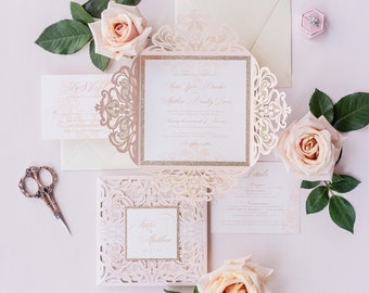 Elegant Invitation wedding invitation, blush laser cut wedding invitation suite {Begonia design sample pack}