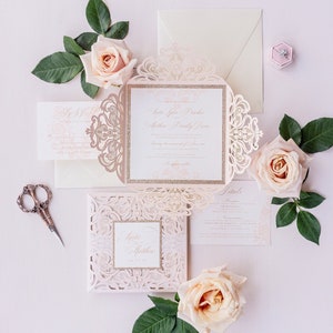 Elegant Invitation wedding invitation, blush laser cut wedding invitation suite