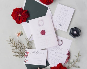 Christmas wedding invitation suite, Winter wedding invites {Holly design sample pack}