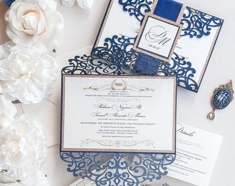 Unique Wedding Invitations, Laser Cut Wedding Invitation, Royal Blue And Gold Invitation, Folded Wedding Invitation {Hyacinth design sample}