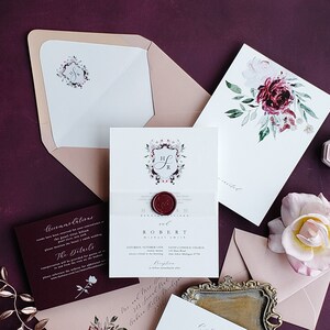 Garden wreath wedding Invitations, burgundy and pink wedding invites, spring wedding invitation with wax seal {Warsaw design sample pack}