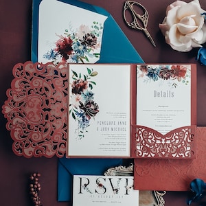 Laser Cut Wedding Invitation Suite | Burgundy & Navy Floral Wrap with Pocket Design {Fascinated design sample}