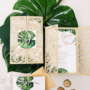 Destination Wedding Invitation, Tropical wedding invitation, Greenery Wedding Invitation, Laser cut wedding invitation {Passionate sample}