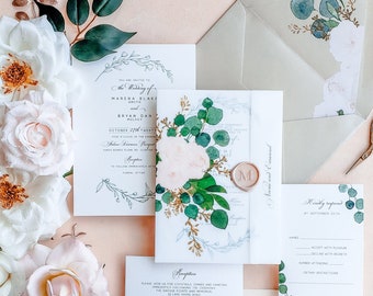 Floral Wedding Invitation suite vellum wrap, wedding invitations floral spring, floral vellum wedding invitation {Bellagio design sample}