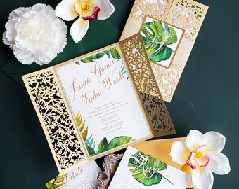 Tropical wedding invitations, Palm wedding invitation, Gold and green wedding, Laser cut tropical invitation {Passionate design sample pack}