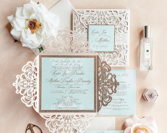 Blush laser cut wedding invitations, Rose gold and blush wedding invitations, elegant wedding invitations {Begonia design sample pack}