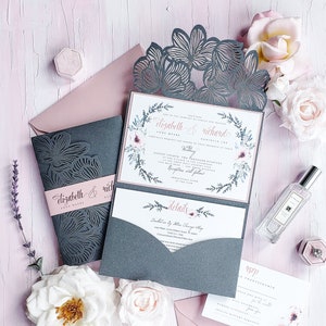 Spring wedding invitation, Boho wedding invitation suite with laser cut pocket folder {Anemone design sample pack}