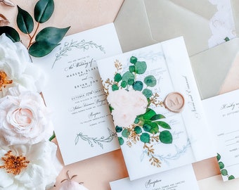 Vellum Wedding Invitation suite eucalyptus, Vellum Wrap Invitations with wax seal, Greenery Invitation Floral Liner {Bellagio design sample}