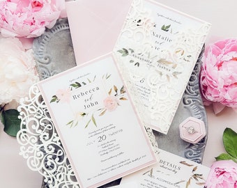 Floral Laser Cut Wedding Invitation, Summer Wedding Invitation, Pink Wedding Invitation Rustic Wedding Invitation {Serene design sample}