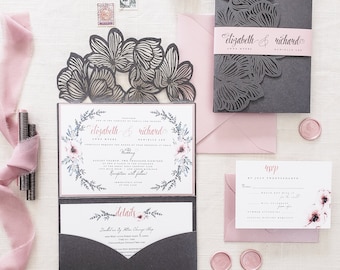 Floral Laser cut Wedding Invitation, Laser cut pocket Invitation Folder in silver and mauve {Anemone design sample pack}