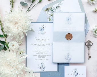 Dusty Blue Wedding Invitations, Vellum Wedding Invitations, Boho Wedding Invitations, Clear Wedding Invitations {Crete design sample pack}