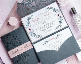 Rustic Invitation with Laser cut Pocket Folder, wedding invitation laser cut, floral invitation with laser cut gate {Anemone design sample}