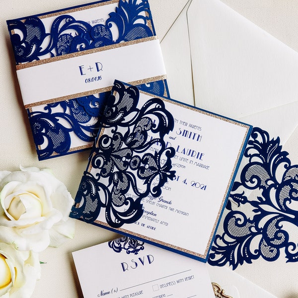 Laser Cut Wedding Invitation, Elegant Wedding Invitation, Blue Wedding Invitation, Modern Wedding Invitations {Broadway design sample pack}