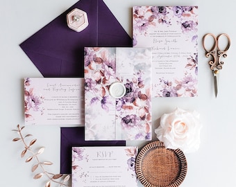 Boho Wedding Invitations, Clear Wedding Invitations, Rustic Floral Wedding Invitation, Lavender Wedding Invitations {Covington design}