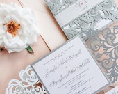 Winter wedding invitations laser cut wedding invites silver blush custom with bellyband {Broadway silver design}