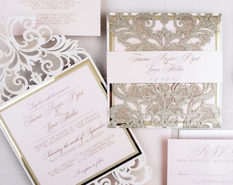 Gold glitter laser cut wedding invitation suite, laser cut wrap wedding invite sample {Astral design sample pack}