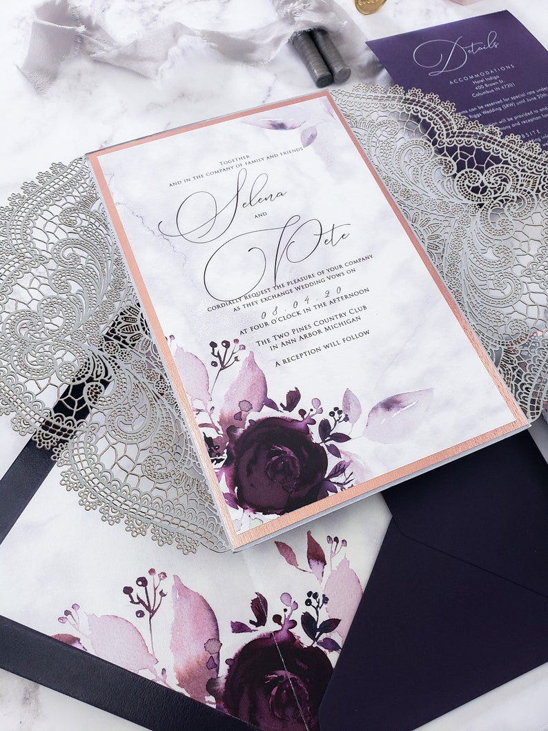 Lace Laser cut Wedding Invitation Mauve wedding invitations Etsy