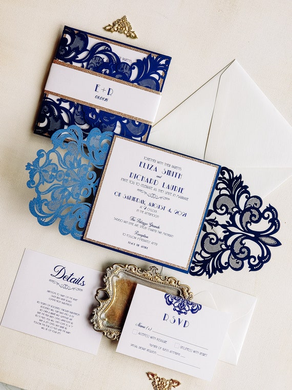 Invitaciones de boda azul marino y oro invitaciones boda - Etsy
