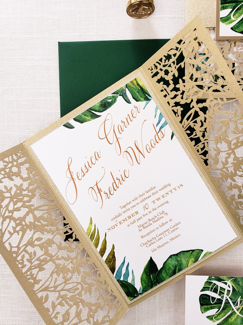 Tropical Gold Wedding Invitations Palm Wedding Invitation Etsy