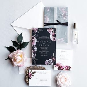 Black and blush wedding invitations, Gothic Wedding Invitations, Dark Moody floral wedding invitations {Manchester design sample pack}