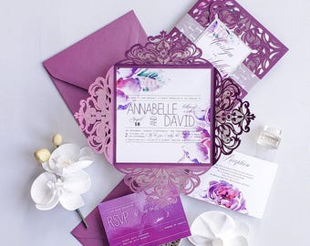 Purple Laser cut Wedding Invitations, Watercolor Wedding Invitation suite, purple floral wedding invitations {Panama design sample pack}