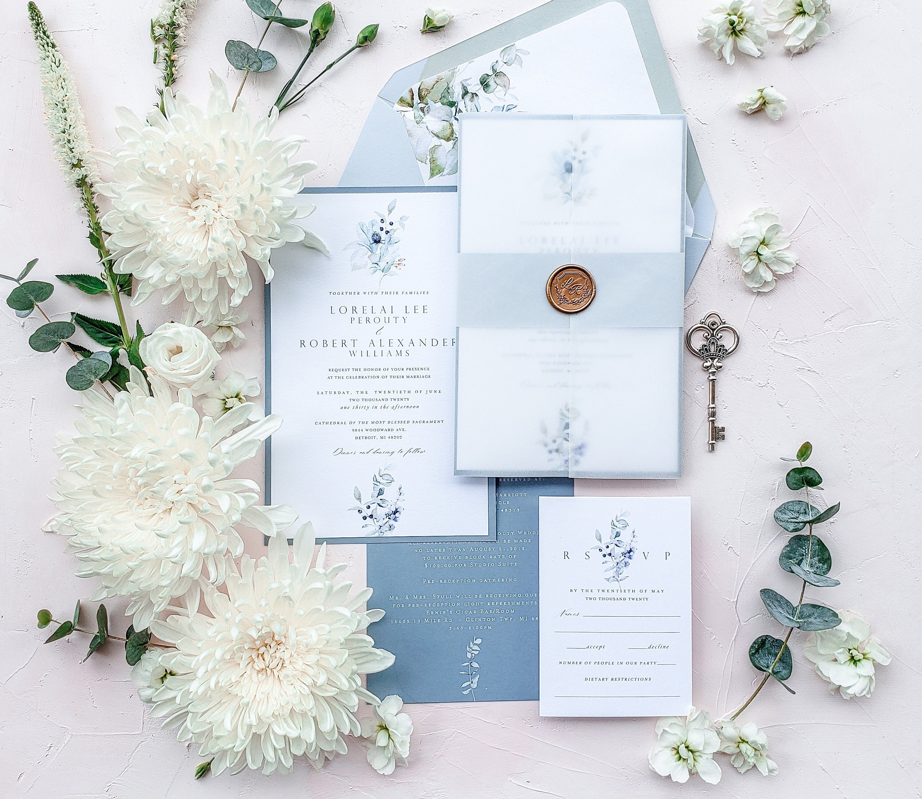 Invitación de boda clásica sobre forrado mimosas - BLUE BOHO