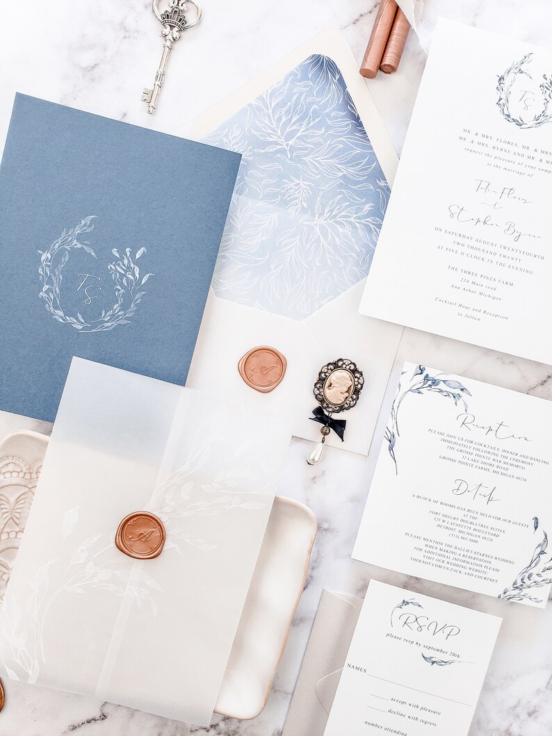 Vellum Jacket Wedding Invitations dusty blue wedding Etsy