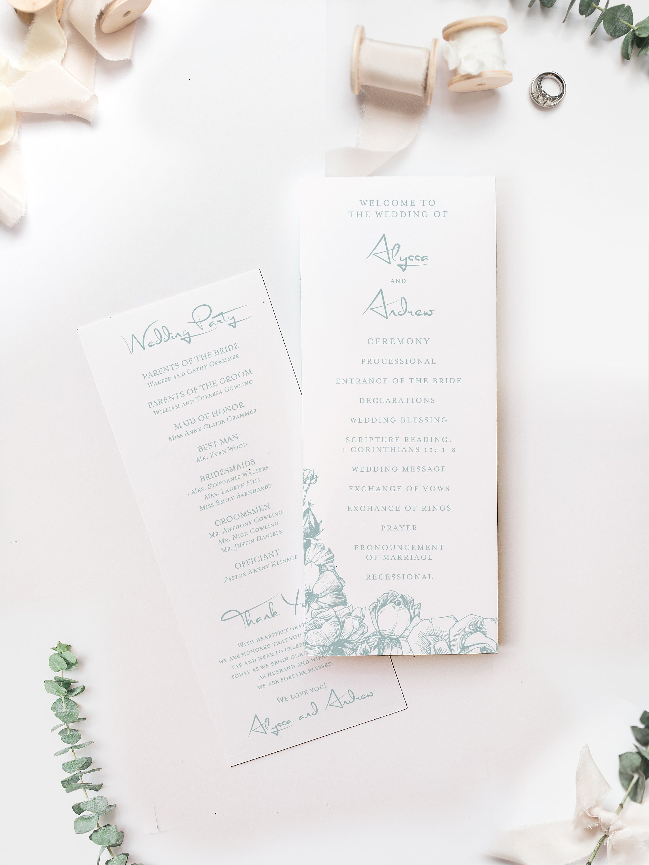 Dusty Blue Wedding Program Floral Wedding Program Spring Wedding