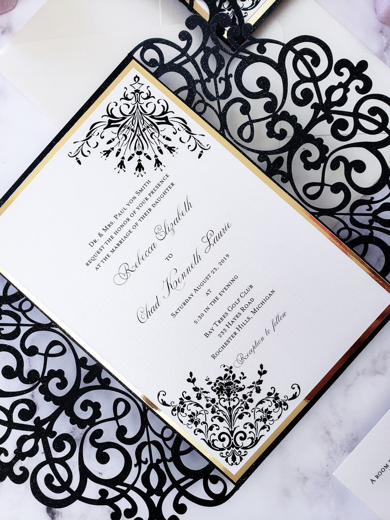 Elegant simple wedding invitations Black and white laser