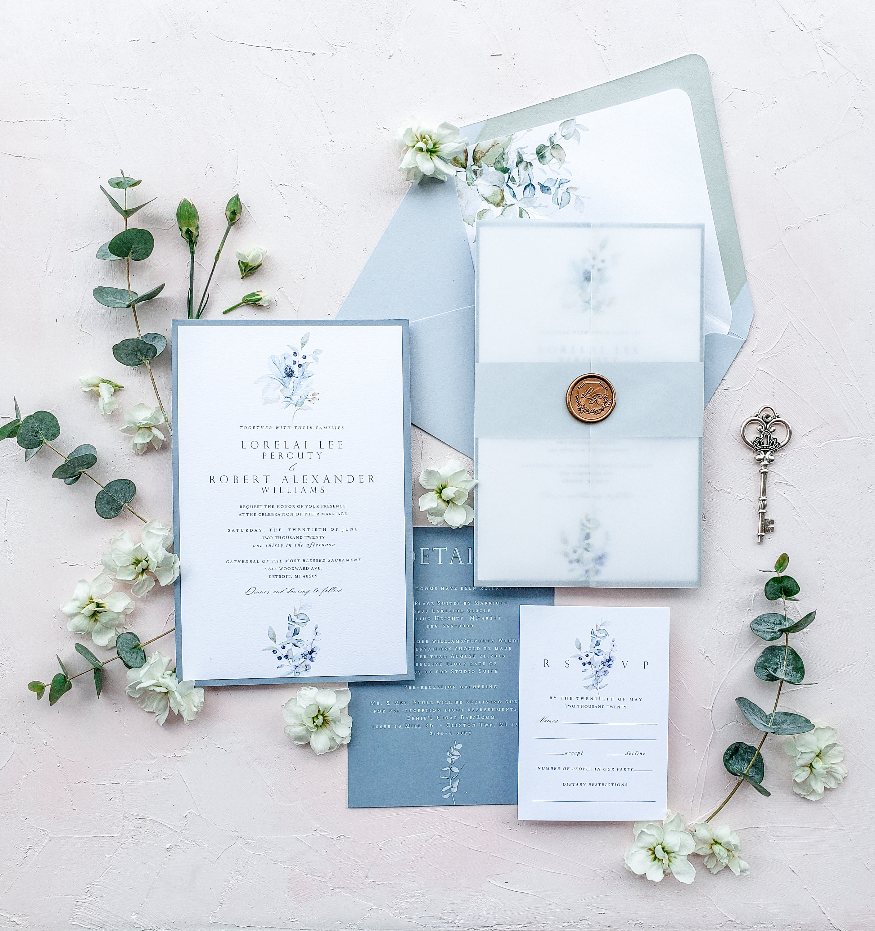 Transparent vellum light blue wedding invitation suite {Crete design}