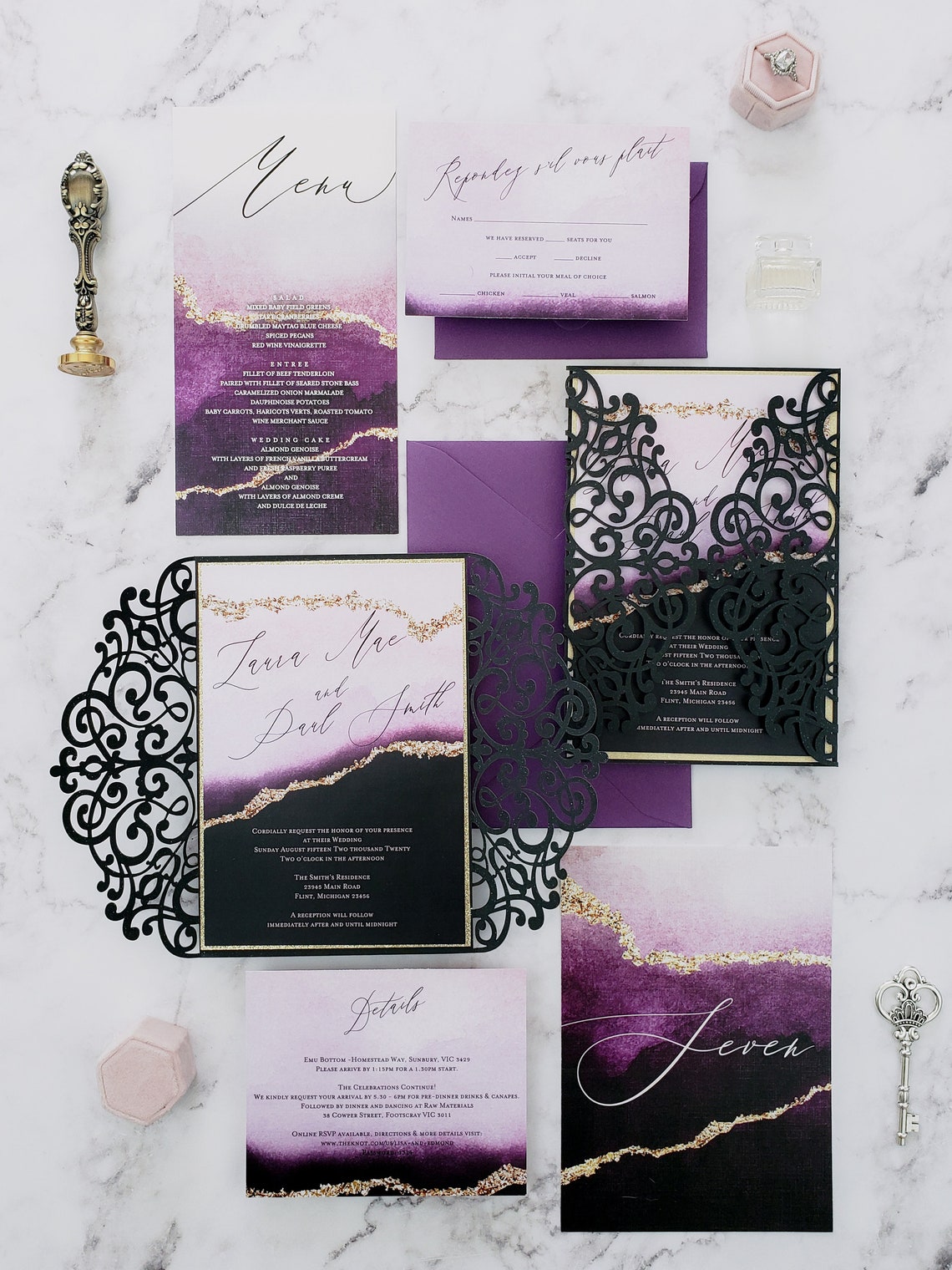 Purple Wedding Invitation Black Wedding Invite suite Modern image 1