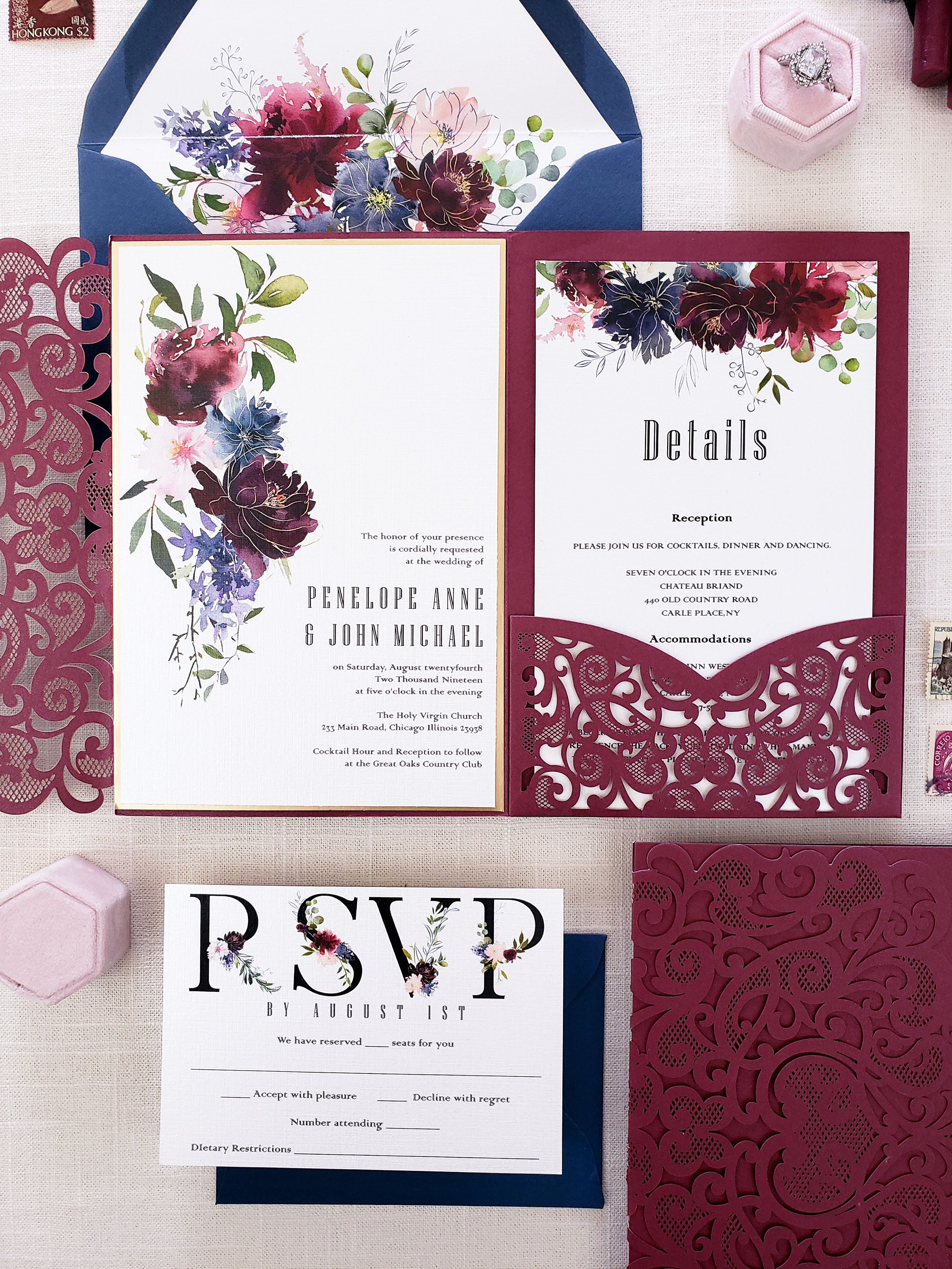 Burgundy Navy Wedding Invitation, Pocket Invitation