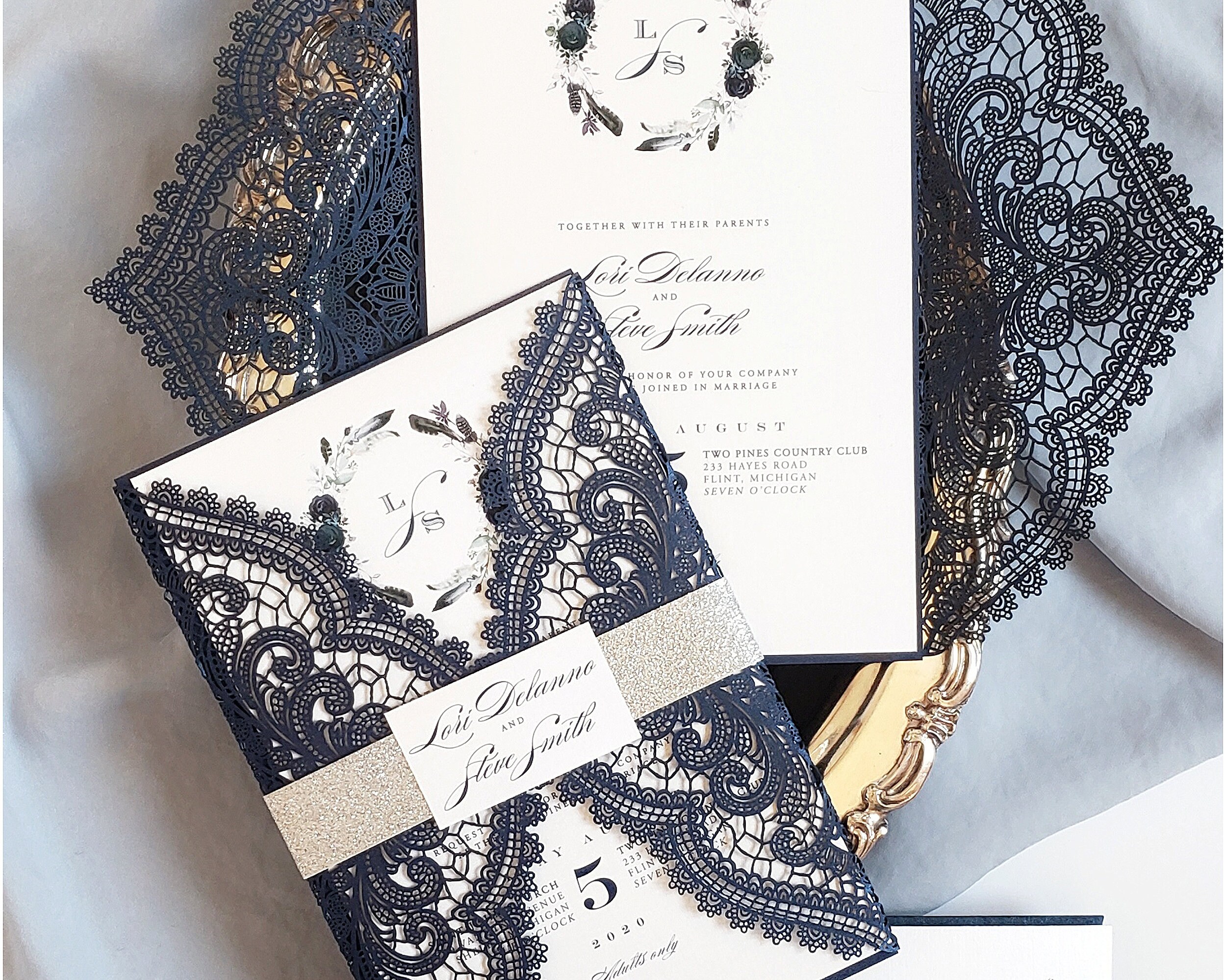 Navy Lace Wedding Invitations, Dusty Blue Wedding