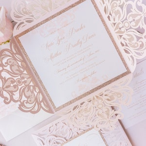 Elegant Invitation wedding invitation, blush laser cut wedding invitation suite Begonia design sample pack image 8