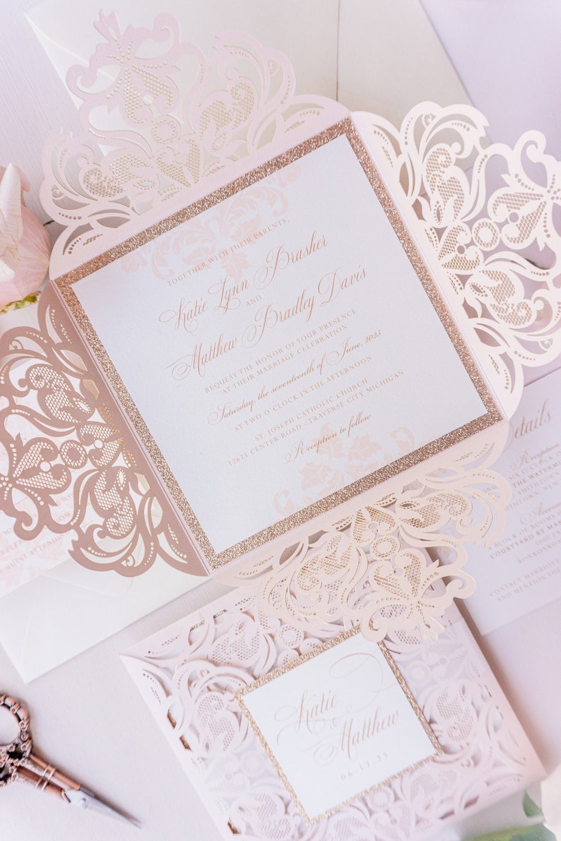 Elegant Invitation wedding invitation, blush laser cut wedding invitation suite Begonia design sample pack image 8