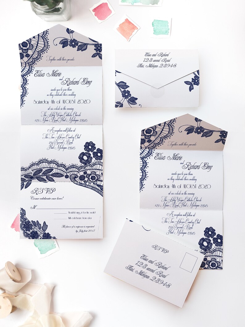 Elegant Lace Seal and Send Wedding Invitation Card Cheap Etsy