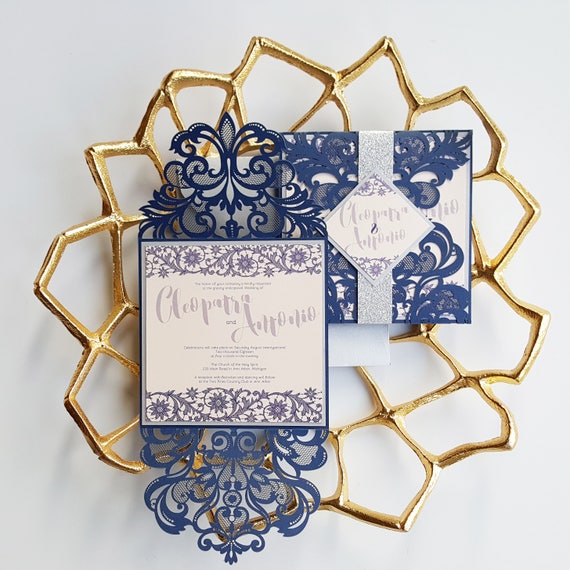 rustic chic wedding invitation blue laser cut wedding invite with lace vintage chic wedding announcement bluebell design sku bluser01 rustic chic wedding invitations