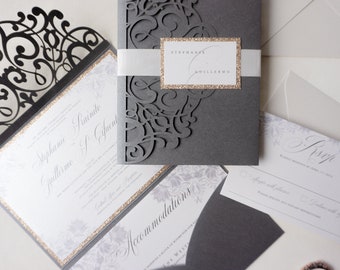 Laser cut Wedding Invitation suite, Laser cut Pocket folder Invite {Intense design sample pack}