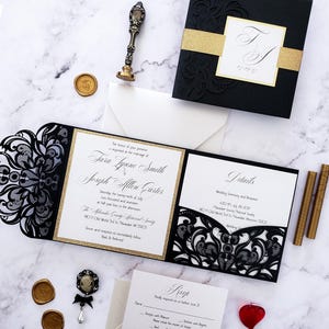 Laser cut pocket fold wedding invitation, Elegant wedding invitation, black and gold wedding invitation suite {Selfless design sample pack}