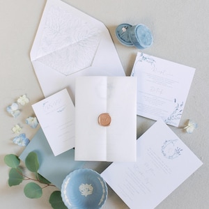 Dusty blue wedding invitations, Vellum wedding invitations, wedding invitations with wax seal and monogram {Portofino design sample pack}